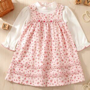 Vintage Toddler Girls 5 Pink Corduroy White Long Sleeve Top Overall Jumper Dress